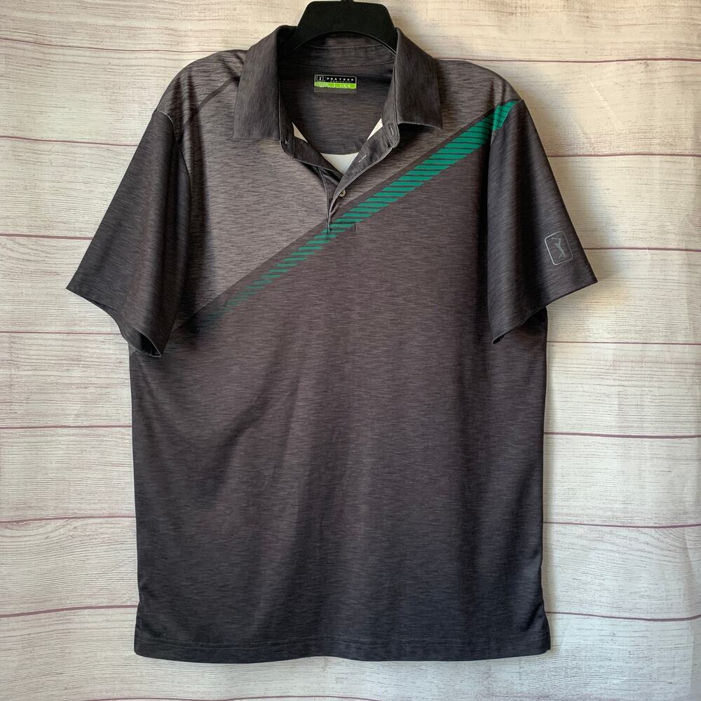 PGA Tour Pro Series Gray Golf Polo Green Asymmetric Gradient Short Sleeve Size L